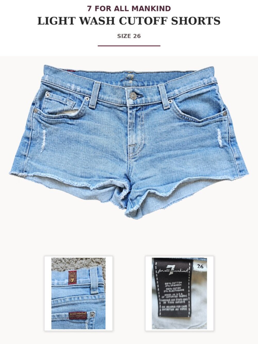 7 For All Mankind Light Wash Distressed Cutoff Denim Shorts Size 26